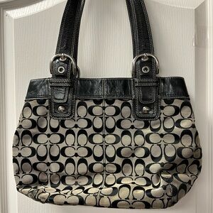 Coach Signature Black and Gray Shoulder Bag with Leather Trim